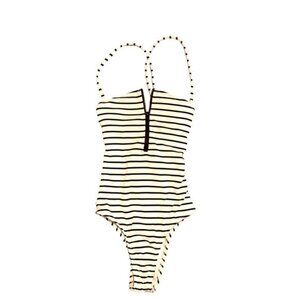 Xhilaration Sexy Swim Suit One Piece White and Black Stripe Zipper‎ Lace Back XS